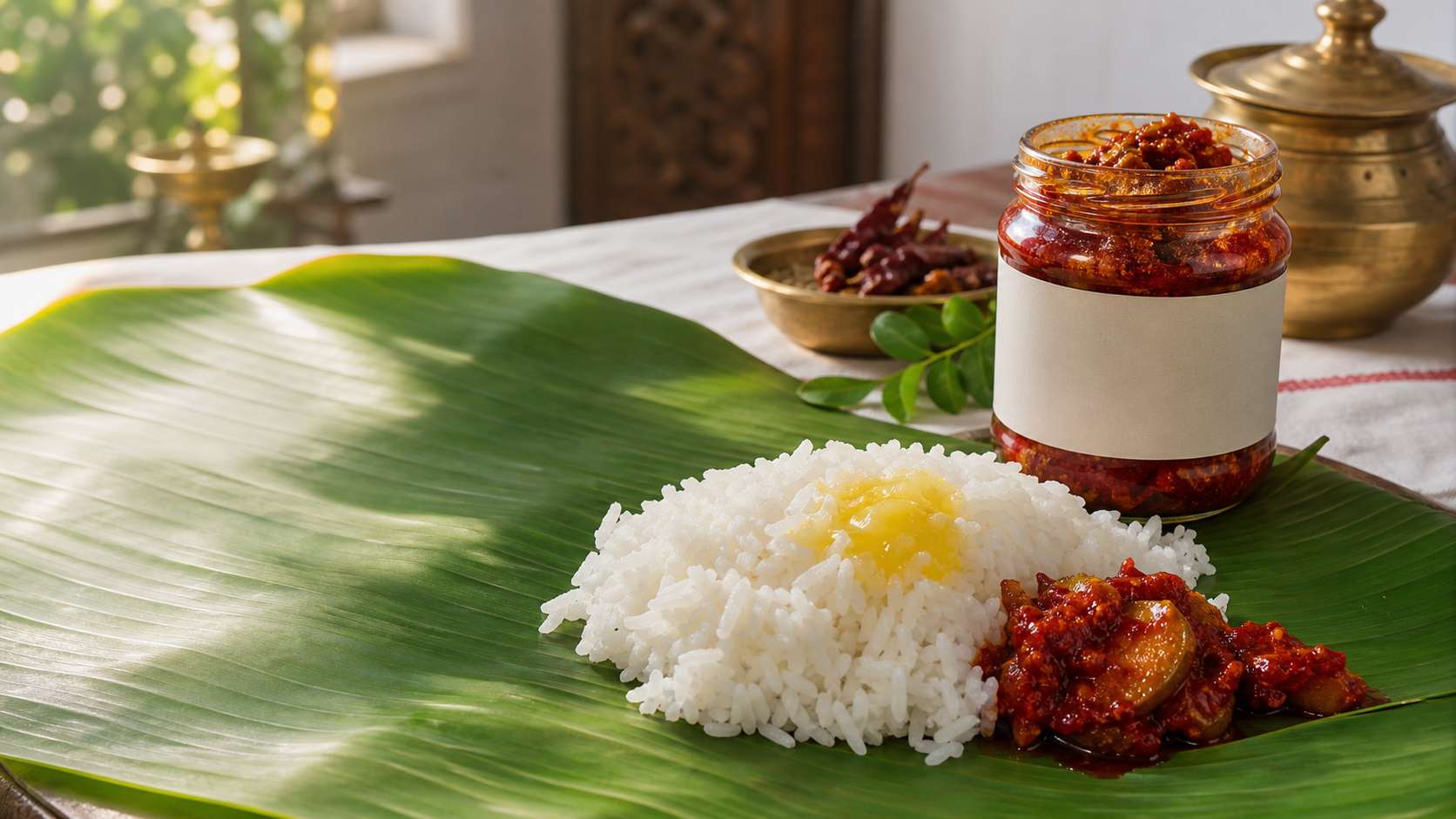 Banana leaf meal with white rice, ghee, Andhra pickle, and pickle jar