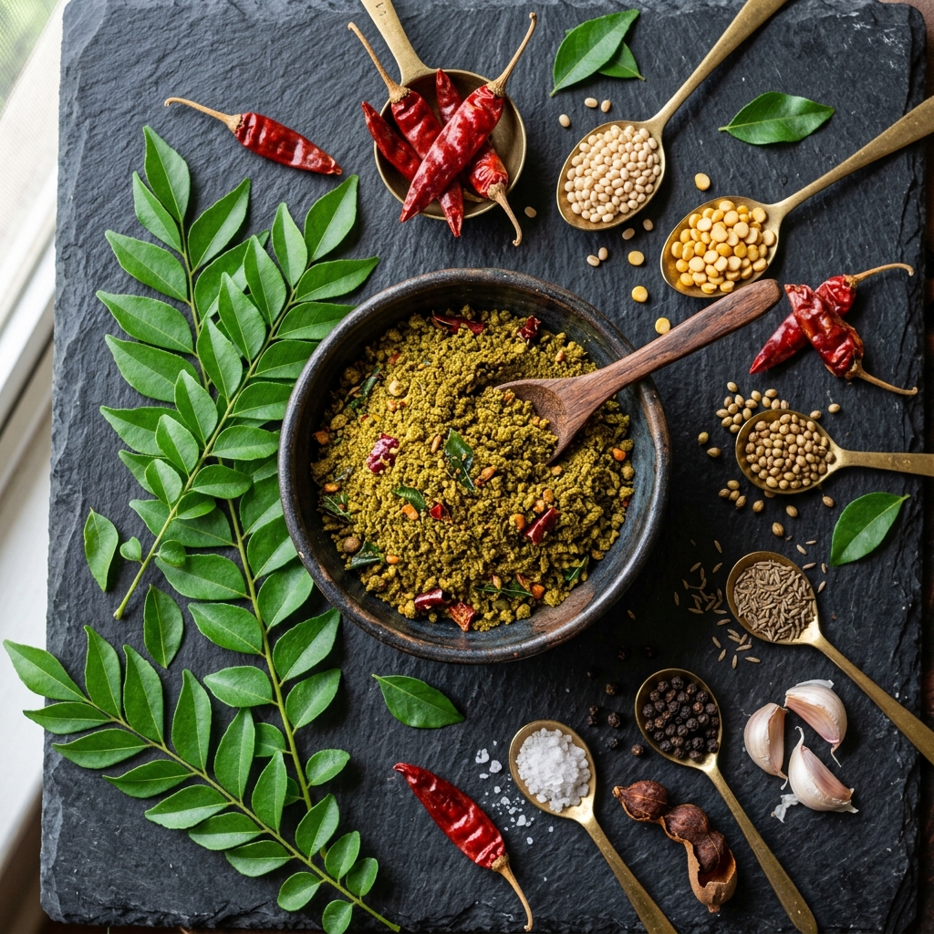 Karivepaku podi flatlay